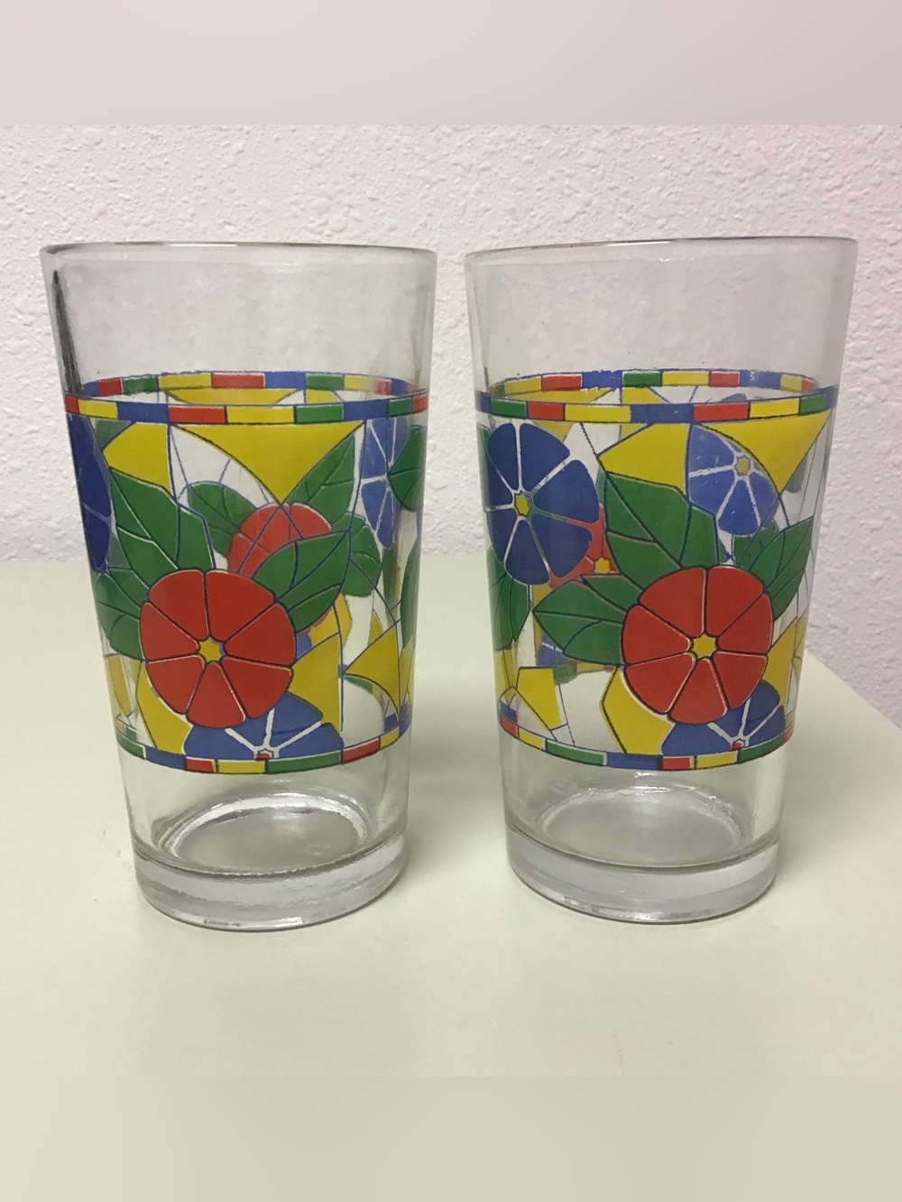 Vintage 1970s Libbey Morning Star Floral Colorful Glass Tumblers